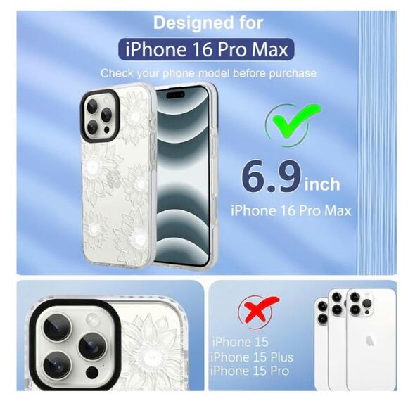 iPhone 16 Pro Max Cute Clear Sunflower Shockproof Protective Slim White S1 - Picture 2 of 8
